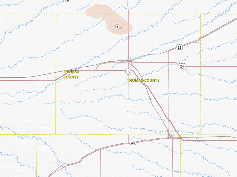 Radar-estimated hail-size map of the storm over Colby, KS on Jul 30, 2026