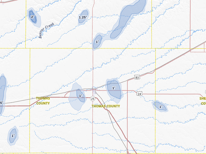 NEXRAD radar-signature map of the hail storm over Colby, KS on Aug 14, 2026