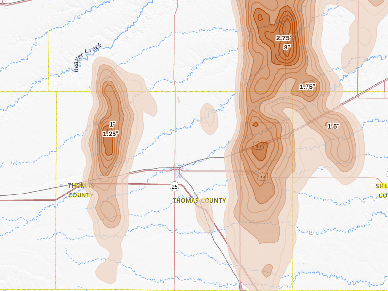 Radar-estimated hail-size map of the storm over Colby, KS on Aug 20, 2026