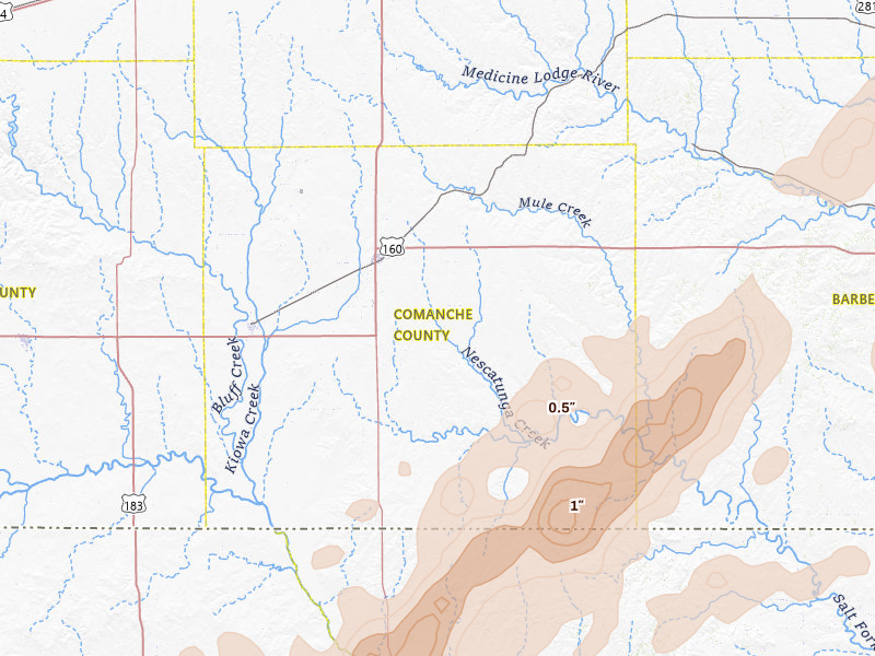Radar-estimated hail-size map of the storm over Coldwater, KS on Mar 10, 2026