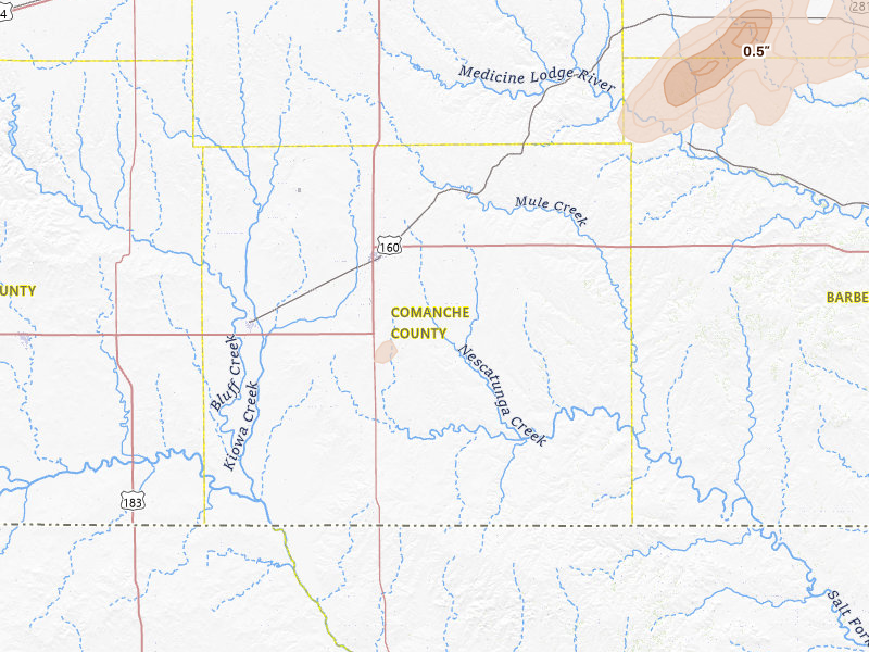 Radar-estimated hail-size map of the storm over Coldwater, KS on May 18, 2026
