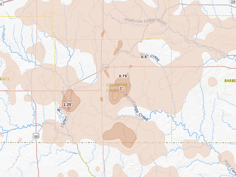 Radar-estimated hail-size map of the storm over Coldwater, KS on Jun 1, 2026