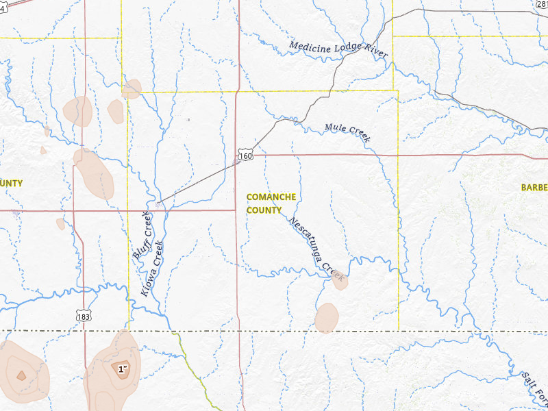Radar-estimated hail-size map of the storm over Coldwater, KS on Jun 3, 2026