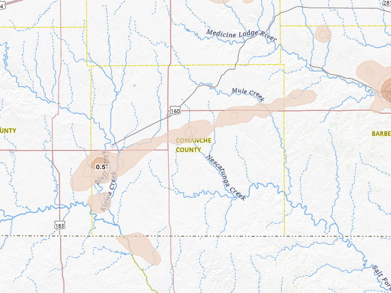 Radar-estimated hail-size map of the storm over Coldwater, KS on Jul 9, 2026