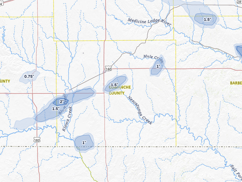NEXRAD radar-signature map of the hail storm over Coldwater, KS on Jul 9, 2026