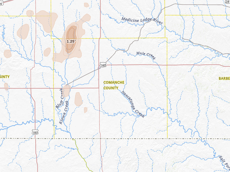 Radar-estimated hail-size map of the storm over Coldwater, KS on Jul 23, 2026