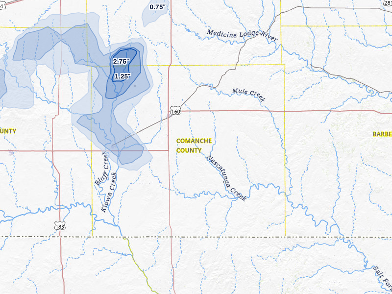 NEXRAD radar-signature map of the hail storm over Coldwater, KS on Jul 23, 2026