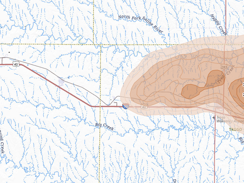 Radar-estimated hail-size map of the storm over Collyer, KS on Jul 3, 2026