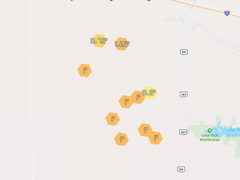 Hail map of Collyer, KS on Jul 10, 2026, hail up to 1.25"