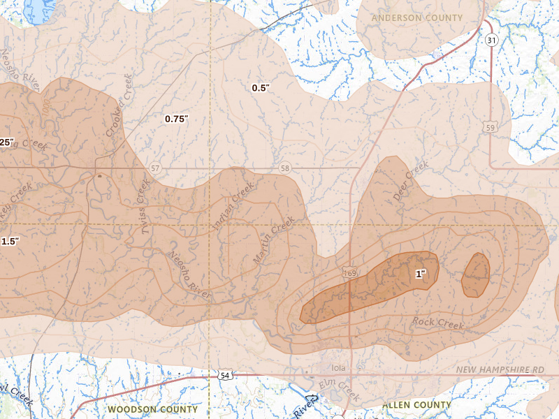 Radar-estimated hail-size map of the storm over Colony, KS on Apr 26, 2026