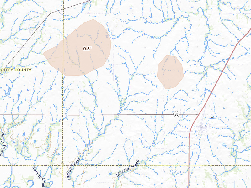 Radar-estimated hail-size map of the storm over Colony, KS on May 29, 2026