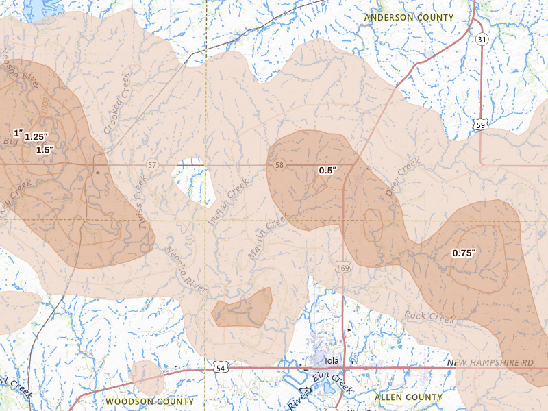 Radar-estimated hail-size map of the storm over Colony, KS on May 31, 2026
