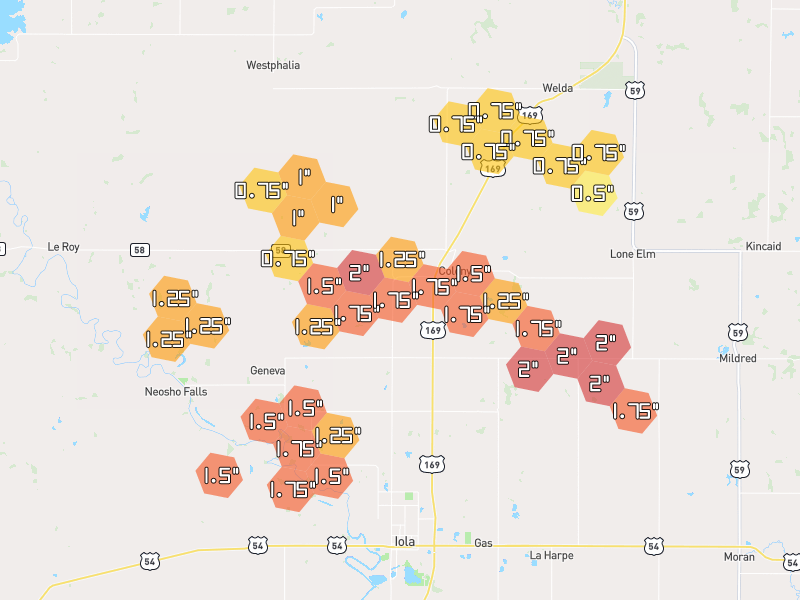Hail map of Colony, KS on Jun 1, 2026, hail up to 2"