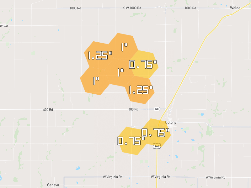 Hail map of Colony, KS on Jun 9, 2026, hail up to 1.25"