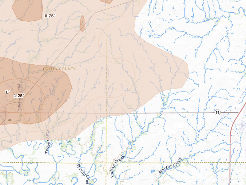 Radar-estimated hail-size map of the storm over Colony, KS on Aug 5, 2026