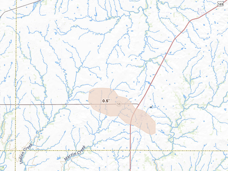 Radar-estimated hail-size map of the storm over Colony, KS on Aug 6, 2026