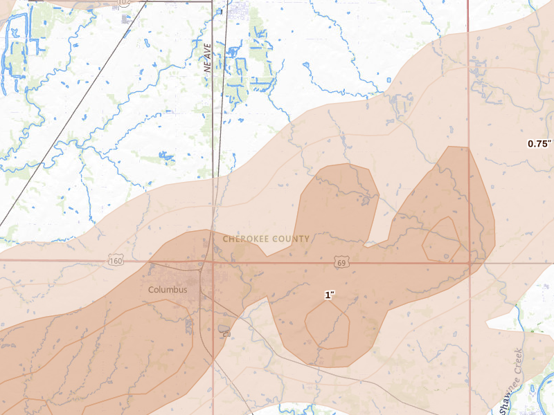 Radar-estimated hail-size map of the storm over Columbus, KS