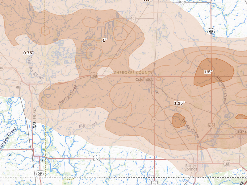 Radar-estimated hail-size map of the storm over Columbus, KS on Apr 26, 2026
