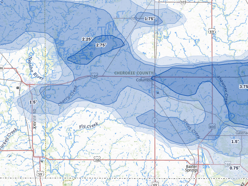 NEXRAD radar-signature map of the hail over Columbus, KS
