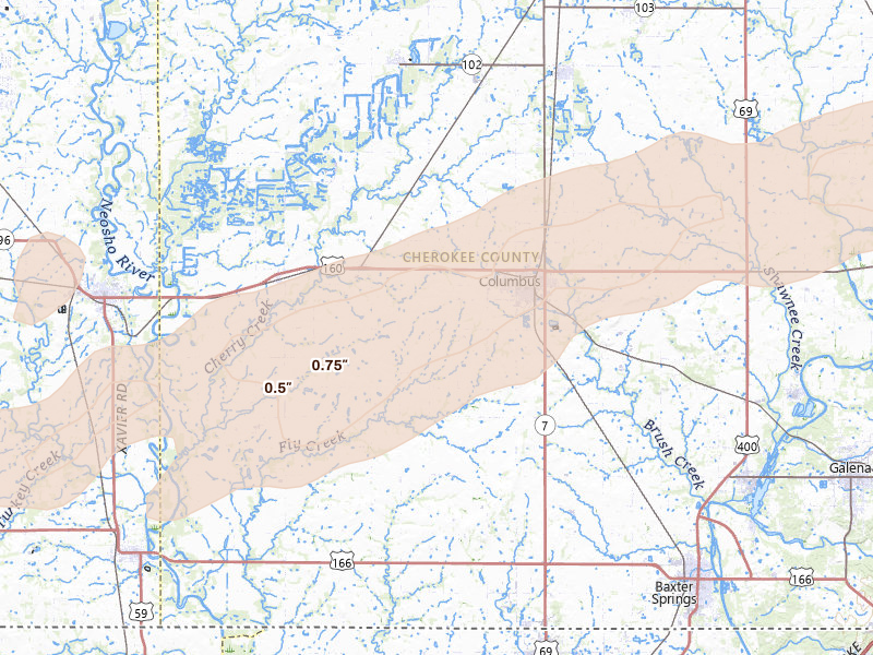 Radar-estimated hail-size map of the storm over Columbus, KS on Apr 28, 2026