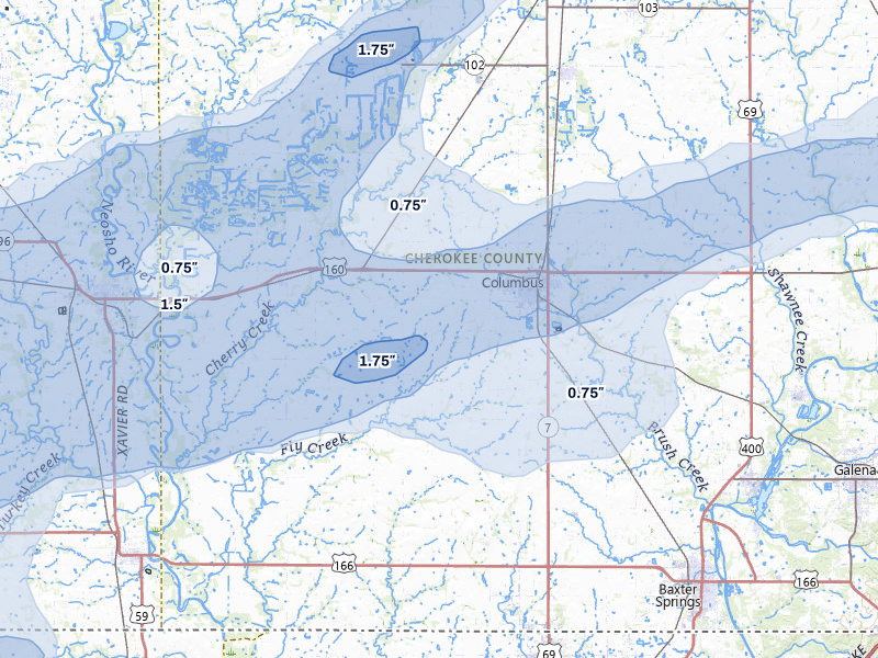 NEXRAD radar-signature map of the hail storm over Columbus, KS on Apr 28, 2026