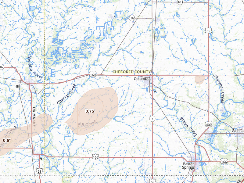 Radar-estimated hail-size map of the storm over Columbus, KS on May 30, 2026