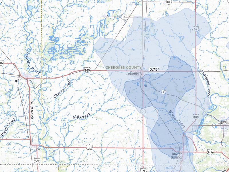NEXRAD radar-signature map of the hail storm over Columbus, KS on Jun 26, 2026