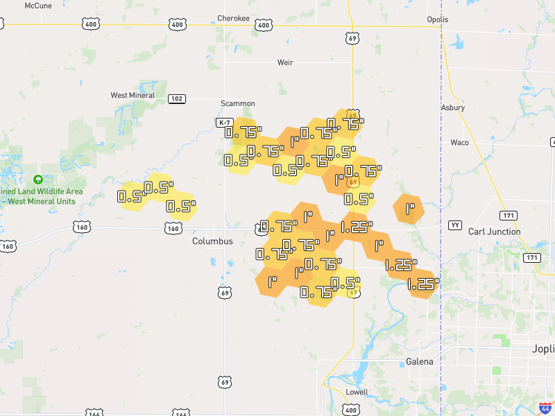 Hail map of Columbus, KS on Jun 26, 2026, hail up to 1.25"