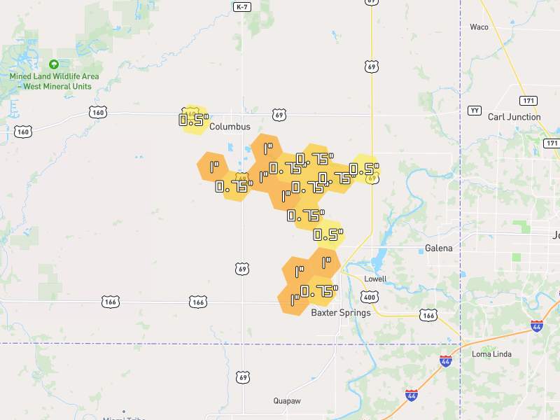 Hail map of Columbus, KS on Jun 27, 2026, hail up to 1"