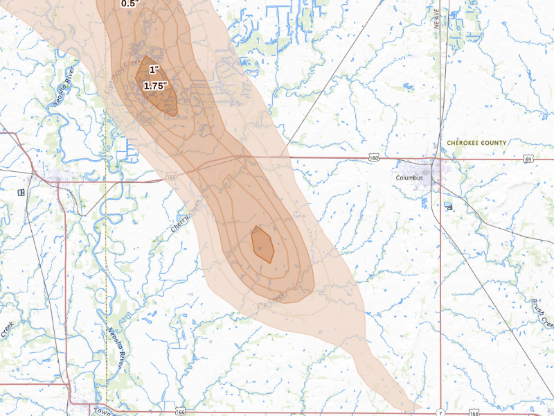 Radar-estimated hail-size map of the storm over Columbus, KS