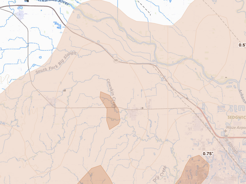 Radar-estimated hail-size map of the storm over Colwich, KS on Mar 10, 2026