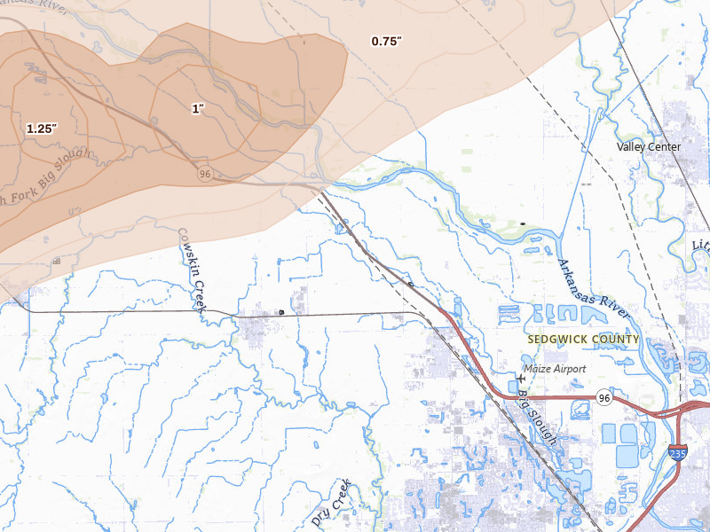 Radar-estimated hail-size map of the storm over Colwich, KS on Apr 11, 2026