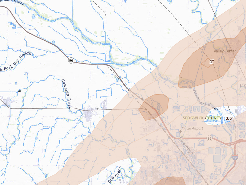 Radar-estimated hail-size map of the storm over Colwich, KS on Apr 17, 2026