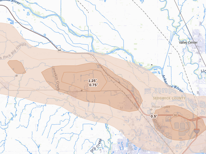 Radar-estimated hail-size map of the storm over Colwich, KS on May 4, 2026