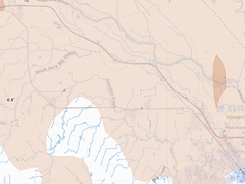 Radar-estimated hail-size map of the storm over Colwich, KS on May 18, 2026