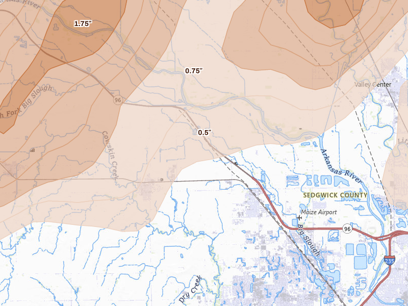 Radar-estimated hail-size map of the storm over Colwich, KS on May 30, 2026