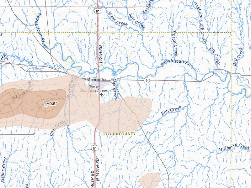 Radar-estimated hail-size map of the storm over Concordia, KS on Apr 25, 2026