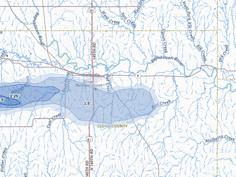 NEXRAD radar-signature map of the hail over Concordia, KS