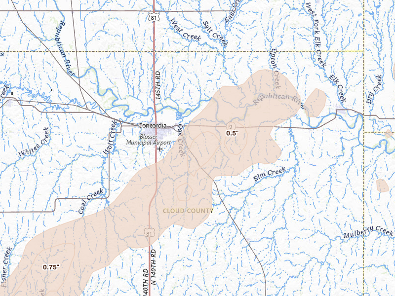 Radar-estimated hail-size map of the storm over Concordia, KS on May 17, 2026