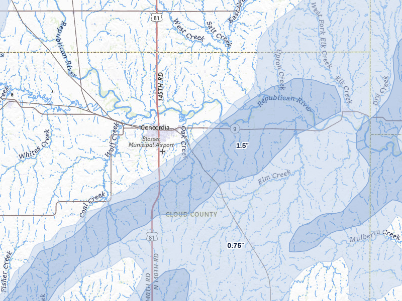 NEXRAD radar-signature map of the hail storm over Concordia, KS on May 17, 2026