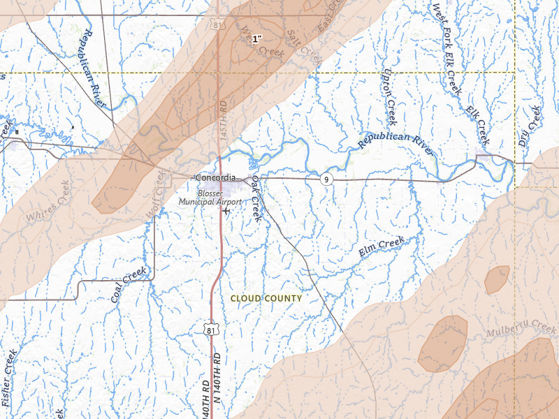 Radar-estimated hail-size map of the storm over Concordia, KS on May 18, 2026