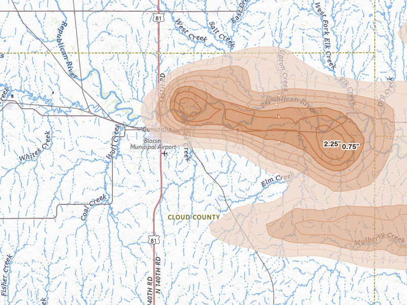 Radar-estimated hail-size map of the storm over Concordia, KS