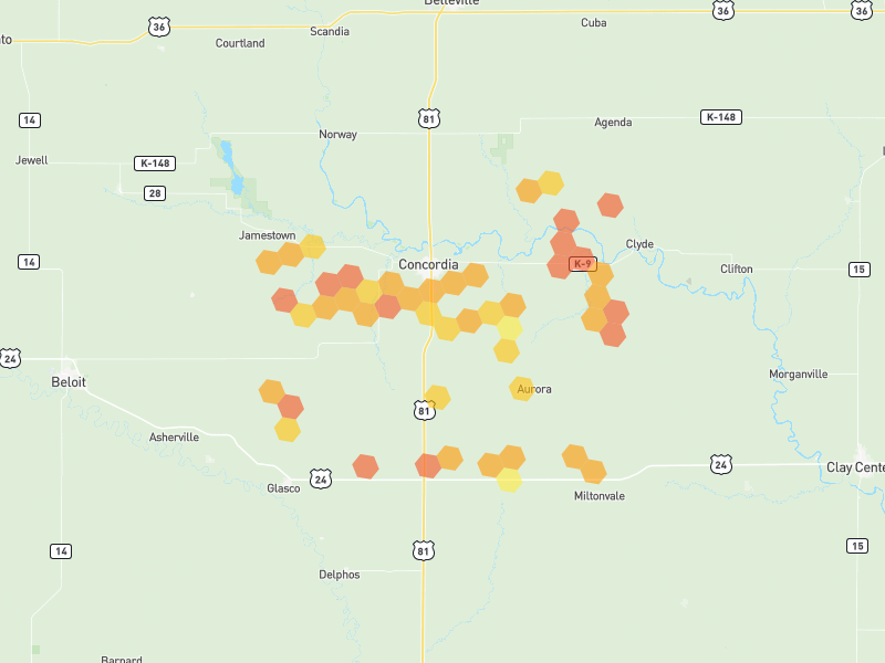 Hail map of Concordia, KS on Jul 4, 2026, hail up to 1.75"