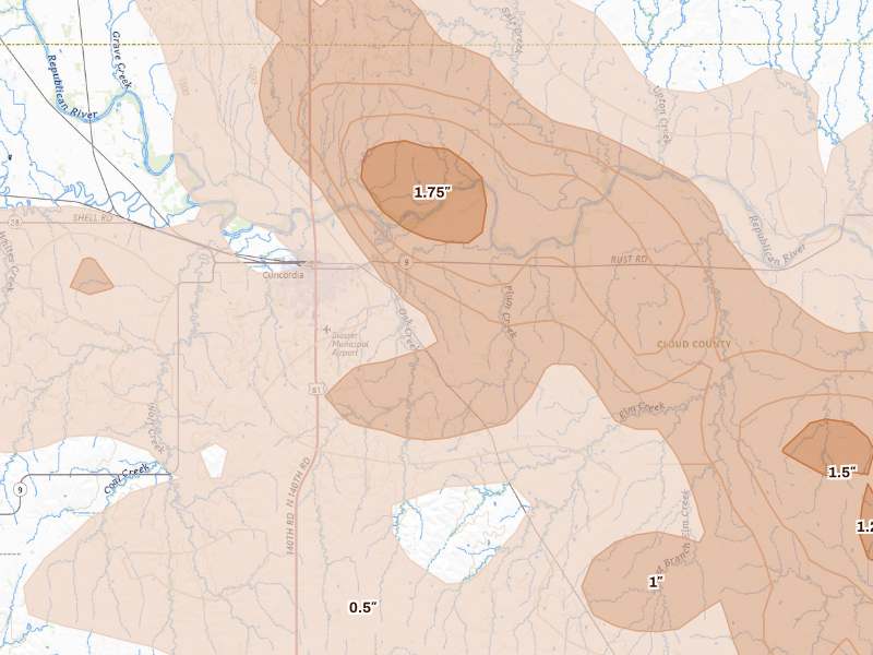 Radar-estimated hail-size map of the storm over Concordia, KS