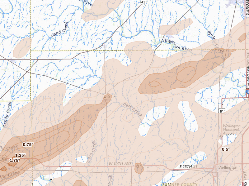 Radar-estimated hail-size map of the storm over Conway Springs, KS on Apr 17, 2026