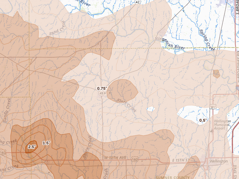 Radar-estimated hail-size map of the storm over Conway Springs, KS on May 18, 2026
