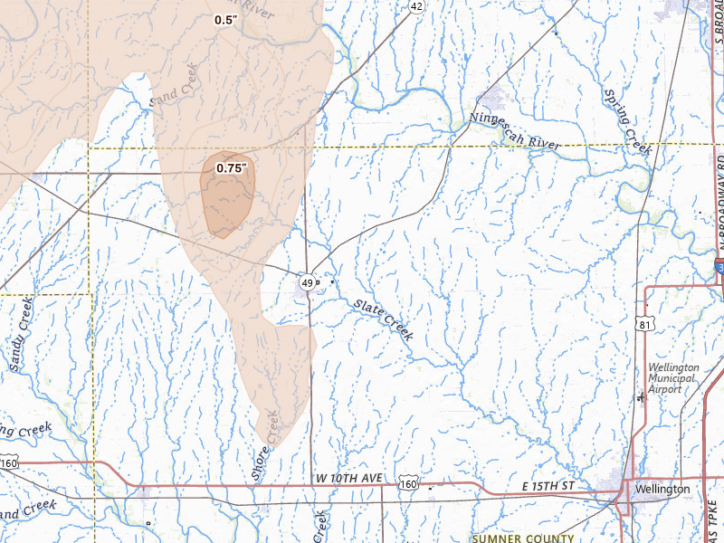Radar-estimated hail-size map of the storm over Conway Springs, KS on May 30, 2026