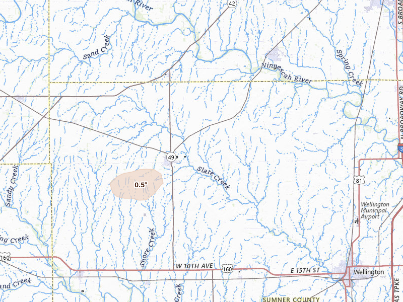 Radar-estimated hail-size map of the storm over Conway Springs, KS on May 31, 2026