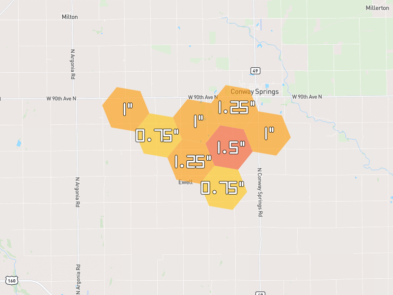 Hail map of Conway Springs, KS on Jun 1, 2026, hail up to 1.5"