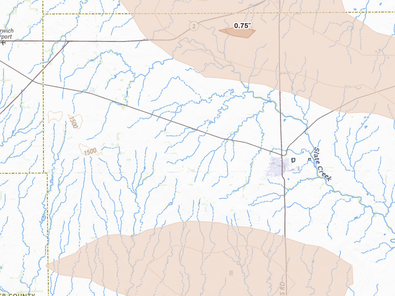 Radar-estimated hail-size map of the storm over Conway Springs, KS on Jun 18, 2026